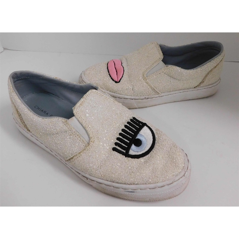 Chiara Ferragni White Glitter Leather Eye Lip‎ Sneakers Italy 39